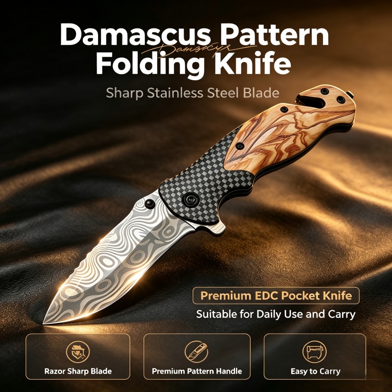 Edc Concealed Carry Knife - Damascus Pattern Folding Knife Sharp Stainless